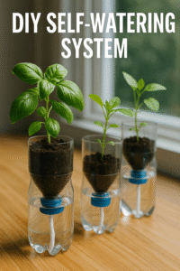 DIY Self-Watering System Using Recycled Bottles A simple self-watering system for houseplants using upside-down plastic bottles inserted into plant pots.